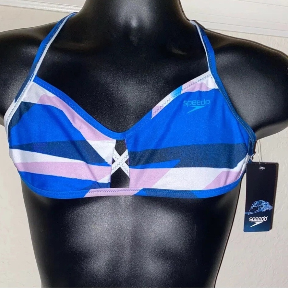 Speedo Endurance Criss/Cross Back Swim Top (7719926), Blue/Pink, Small, NWT